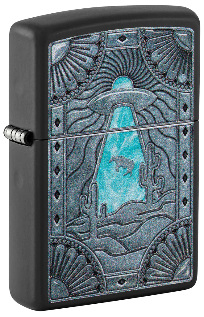 Zippo Cow Abduction Design Spacecraft's Bright Blue Beam Cuts Through The Monochromatic Color Image Design