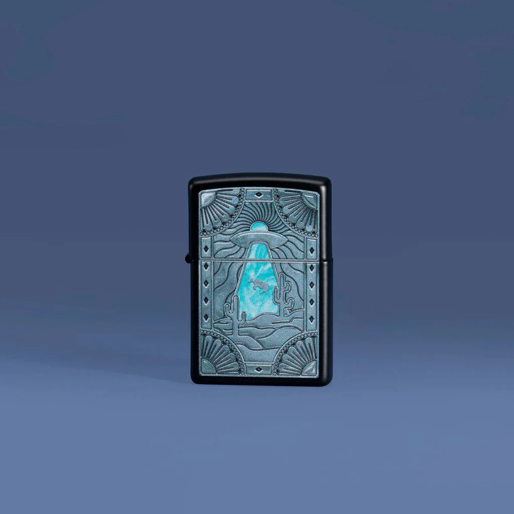 Zippo Cow Abduction Design Spacecraft's Bright Blue Beam Cuts Through The Monochromatic Color Image Design