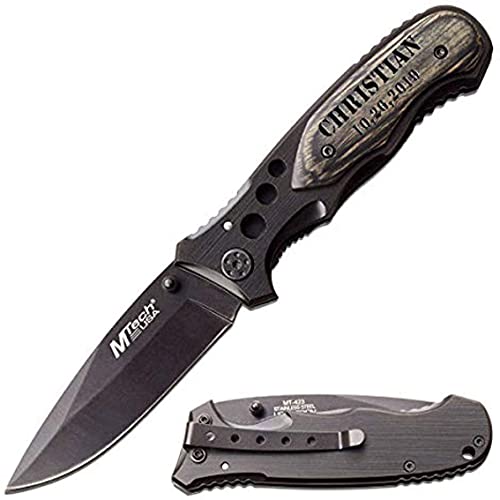 MTECH-USA Personalized Pocket Knife Engraved for Men Tactical Knives w/Clip Dad Gifts, Boyfriend, Groomsmen, Anniversary (Gray-Black)