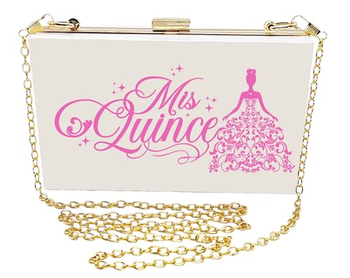 GIFTS INFINITY Mis Quince Años Quinceanera Purse for Women Acrylic Clutch Bag Shoulder Handbag with Removable Chain (White/Pink)