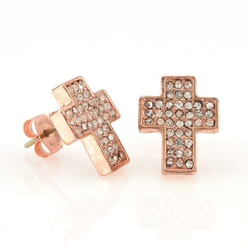 Hip Hop Bling Rose Gold Tone Jesus Block Cross Pendant and Earrings Set