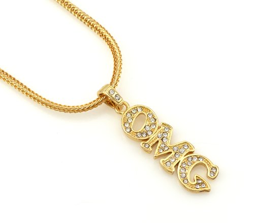 Hip-Hop Iced Gold Tone Oh My God Pendant Necklace Free 24" chain