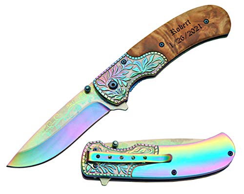 Personalized Laser Engraved 4.75" BURLWOOD FOLDER Pocket Knife, Fathers Day,Graduation Gifts, Gifts for Men Free Engraving (Rainbow)