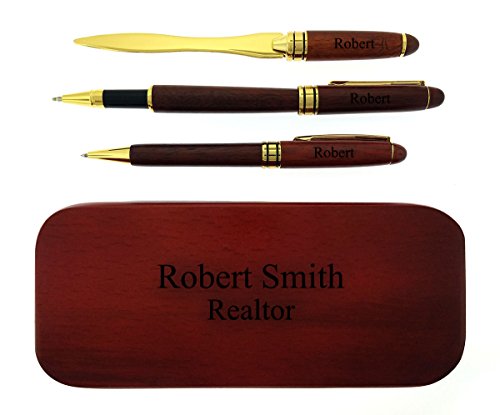 Gifts Infinity® Personalized 3 pcs Rosewood Wood Pen and Letter Opener Set Fee Engraving (3 Pcs Pen Sets, Rosewood)