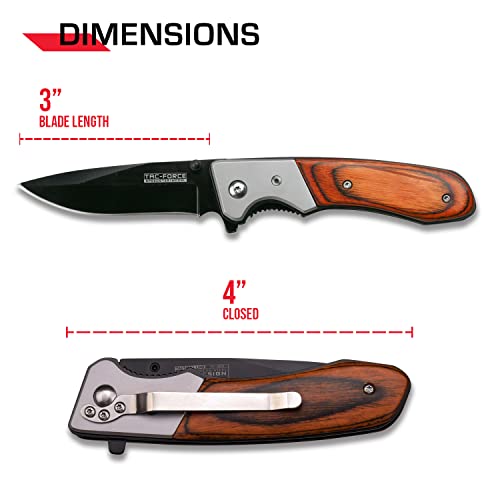 Tac-Force- Folding Pocket Knife – Black Stainless Steel Drop Point Blade, Brown Wood Handle with Stainless Steel Bolster, Pocket Clip, Tactical, EDC, Rescue - TF-469