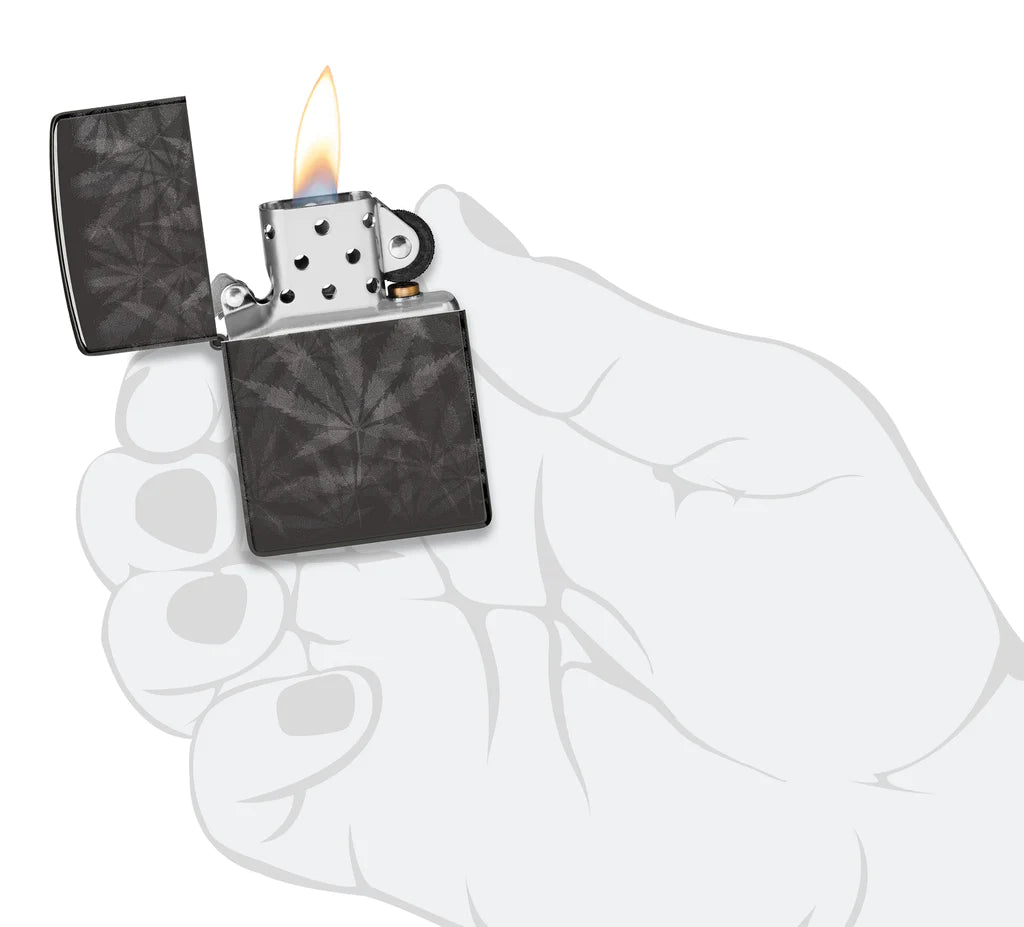 Zippo Cannabis Design High Polish Black Lighter in a Subtle and Smoky Photo Image