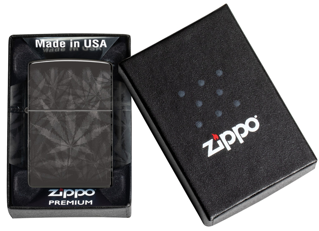 Zippo Cannabis Design High Polish Black Lighter in a Subtle and Smoky Photo Image