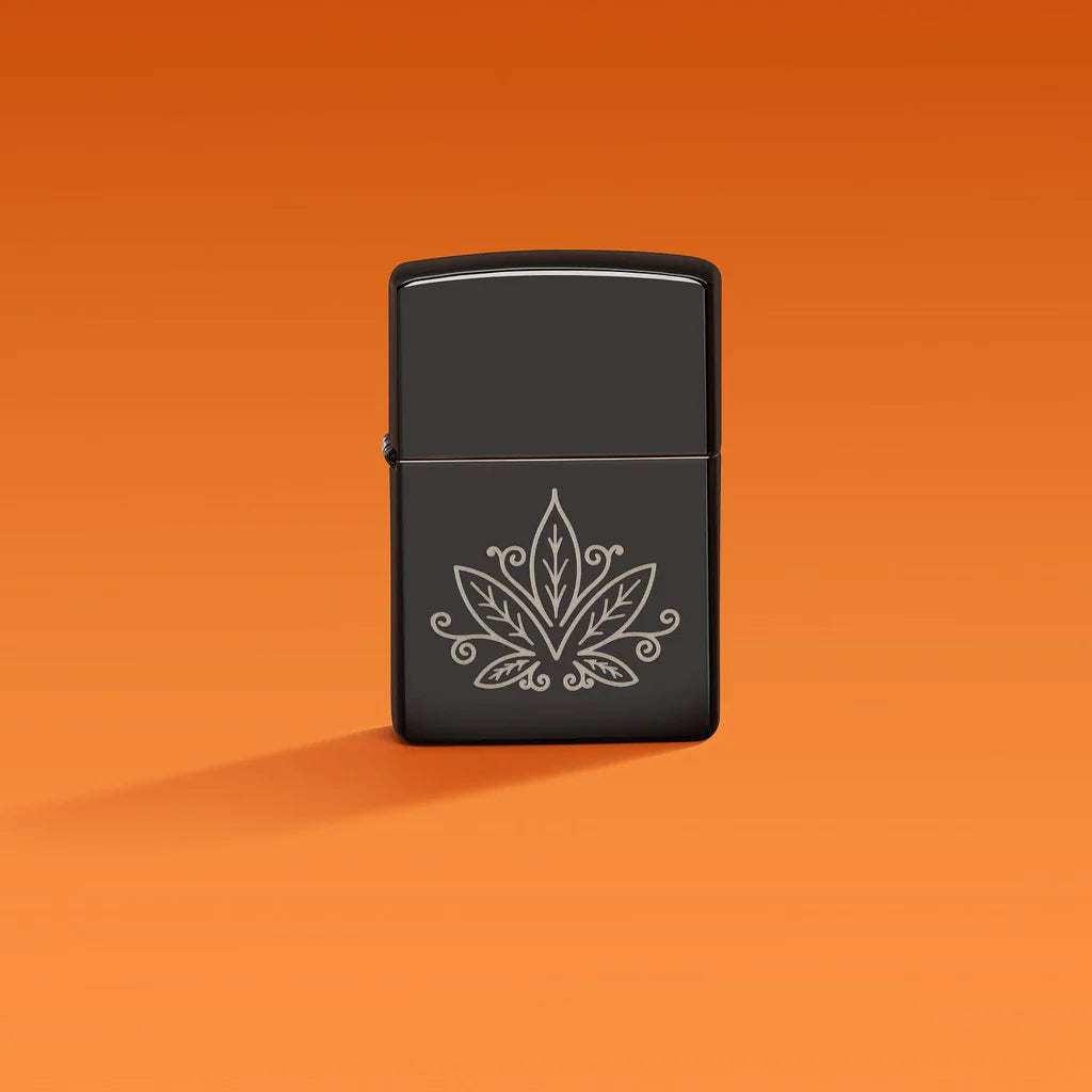 Zippo Cannabis Design  High Polish Black Lighter in a Zentangle-Inspired Laser Engrave Design
