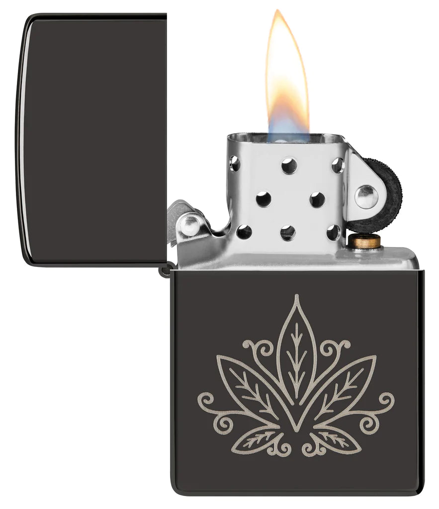 Zippo Cannabis Design High Polish Black Lighter in a Zentangle-Inspired Laser Engrave Design