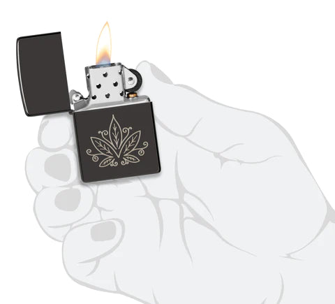 Zippo Cannabis Design High Polish Black Lighter in a Zentangle-Inspired Laser Engrave Design