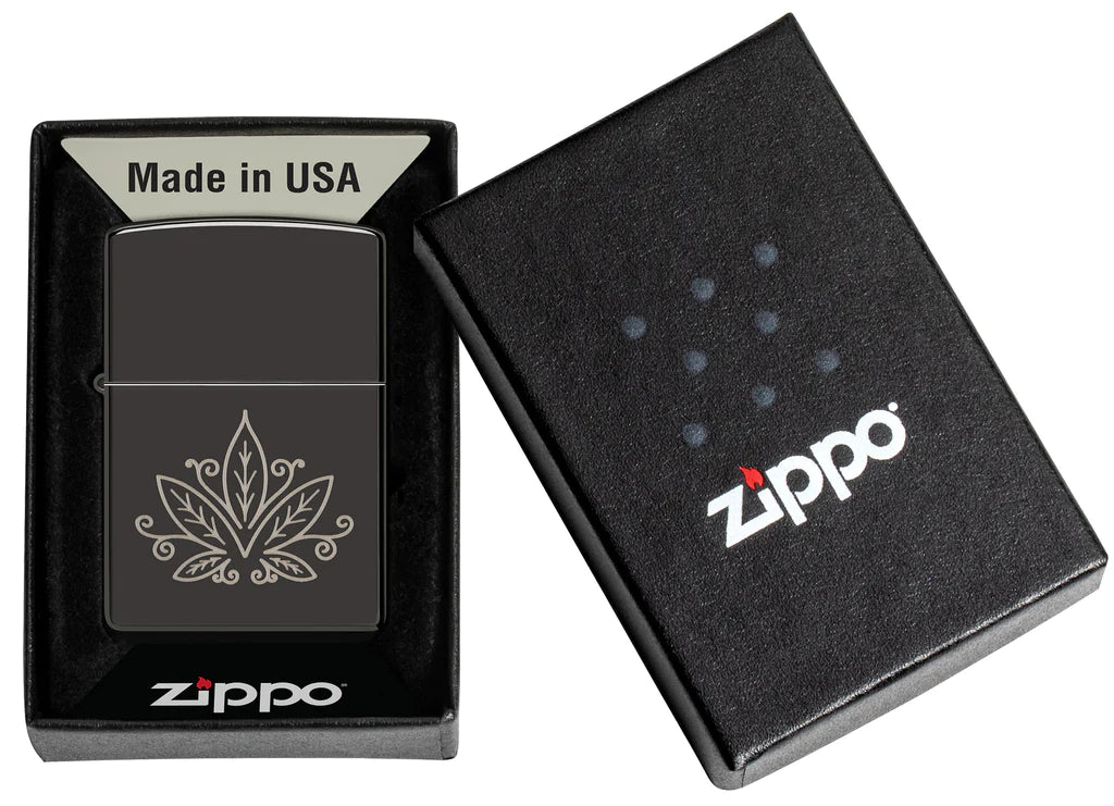 Zippo Cannabis Design High Polish Black Lighter in a Zentangle-Inspired Laser Engrave Design