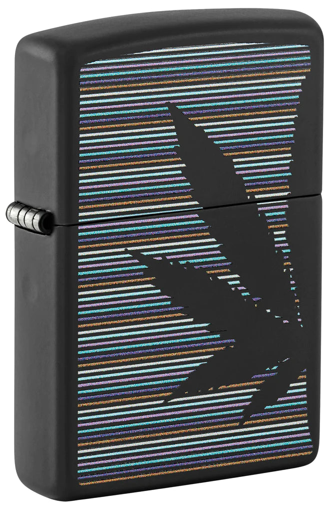 Zippo Cannabis Design Classic Black Matte Lighter Features a Cannabis Leaf Silhouetted Over Colorful Pinstripes in a Minimalist Color Image Design