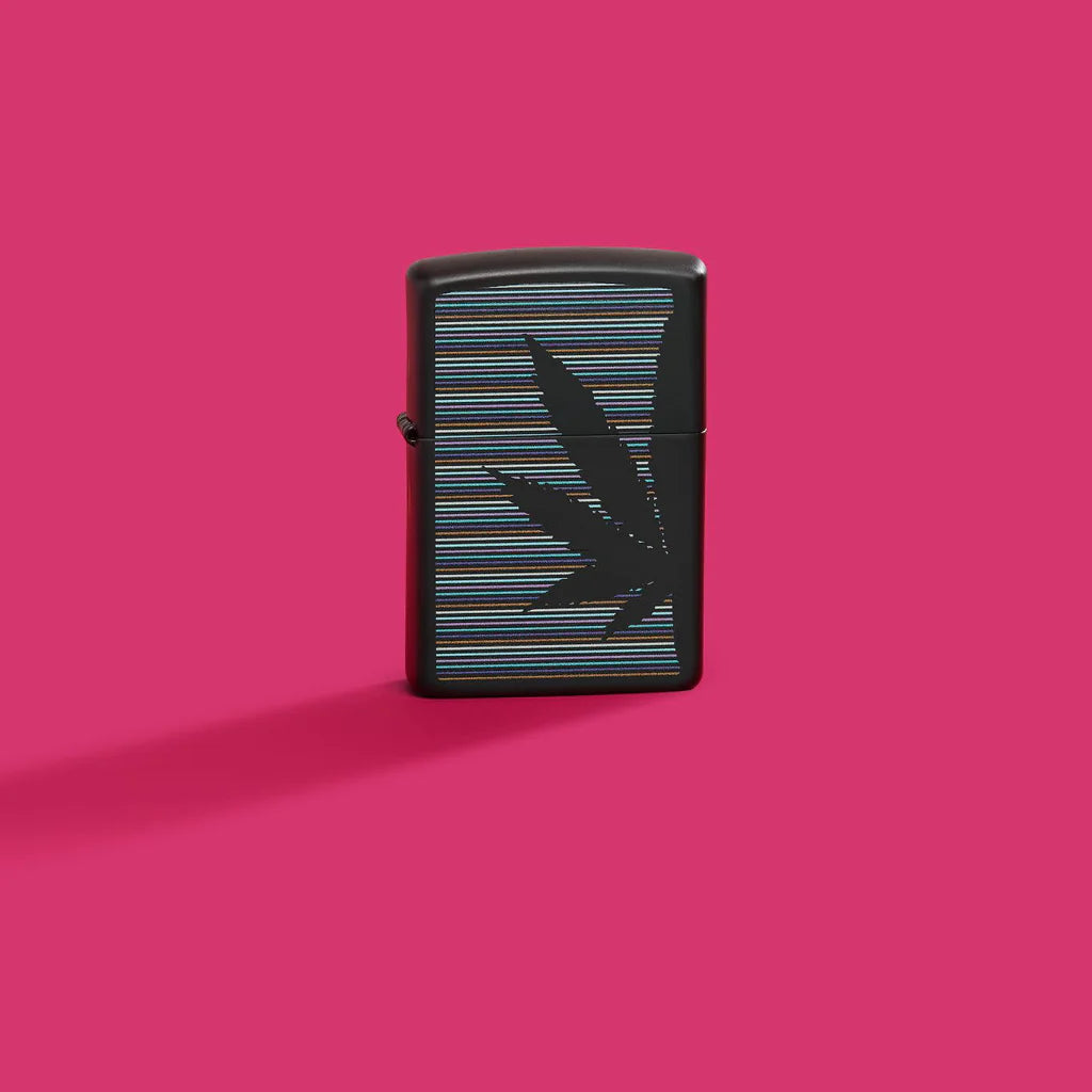 Zippo Cannabis Design Classic Black Matte Lighter Features a Cannabis Leaf Silhouetted Over Colorful Pinstripes in a Minimalist Color Image Design
