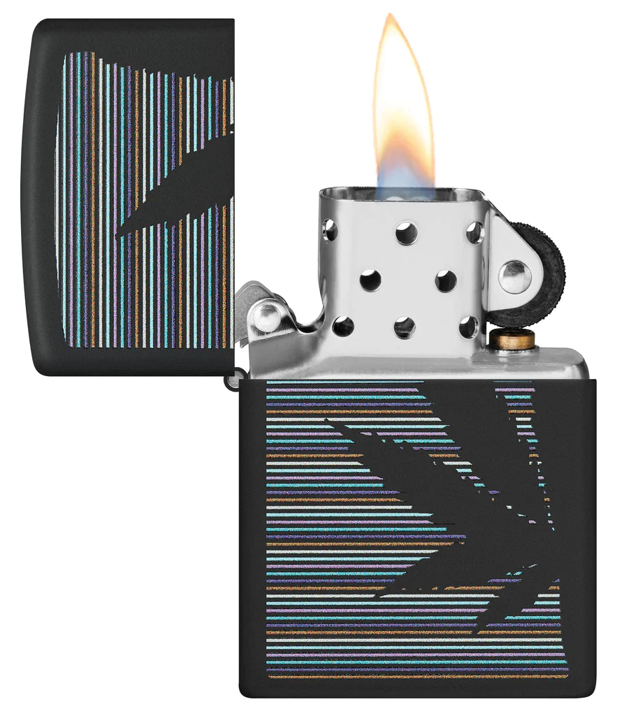 Zippo Cannabis Design Classic Black Matte Lighter Features a Cannabis Leaf Silhouetted Over Colorful Pinstripes in a Minimalist Color Image Design