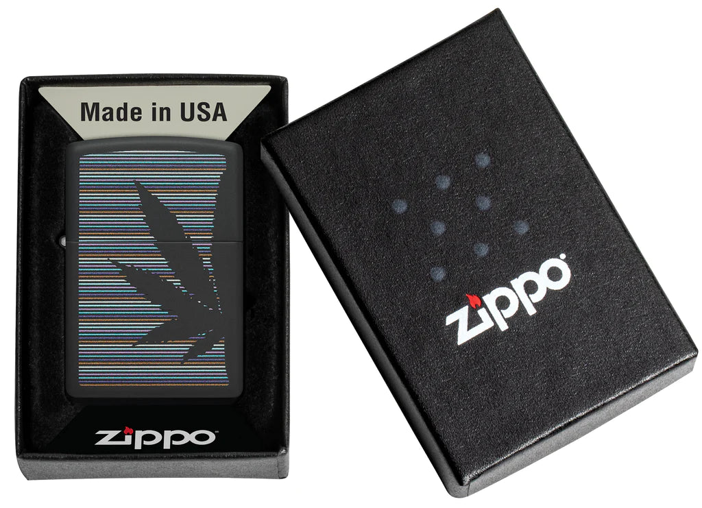 Zippo Cannabis Design Classic Black Matte Lighter Features a Cannabis Leaf Silhouetted Over Colorful Pinstripes in a Minimalist Color Image Design