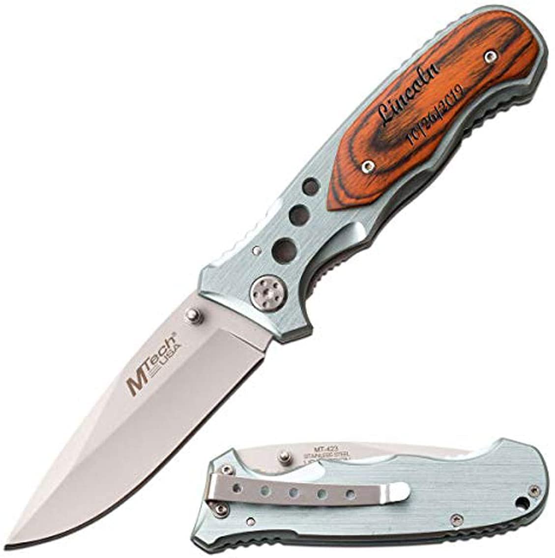MTECH-USA Personalized Pocket Knife Engraved for Men Tactical Knives w/Clip Dad Gifts, Boyfriend, Groomsmen, Anniversary (Brown Silver)