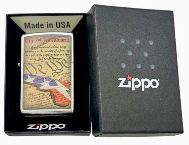 Custom Personalized Zippo Second Amendment, Skull and Guns, Brushed Chrome Classic Windproof lighters - Free Engraving (Satin)