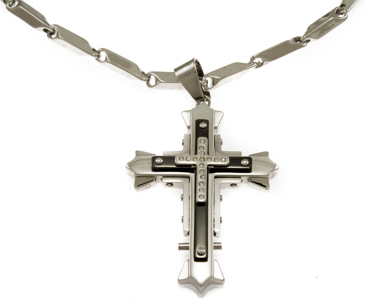 GIFTS INFINITY Hip Hop Bling Iced Surgical Stainless Steel 3 Layer Cross Silver Tone Pendant Free 36" Chain