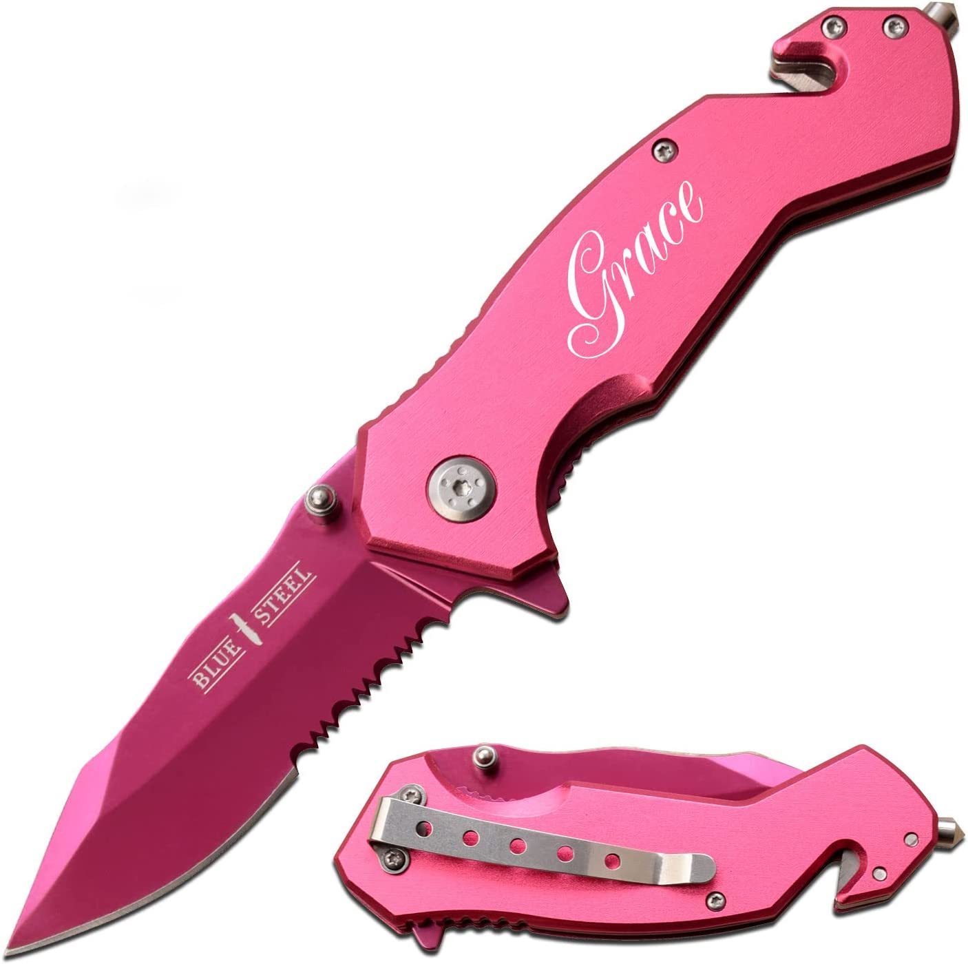 Blue Steel - Personalized Laser Engraved Pocket Knife & Rescue Pocket Knife- Dark Pink