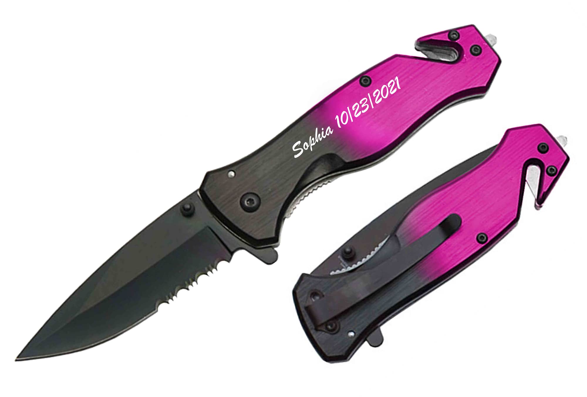 lue Steel Personalized Laser Engraved Pocket Knife, Fireproof Metal Emergency Escape Knife with Hard Alloy Head Window Breaker and Seat Belt Cutter (Pink)