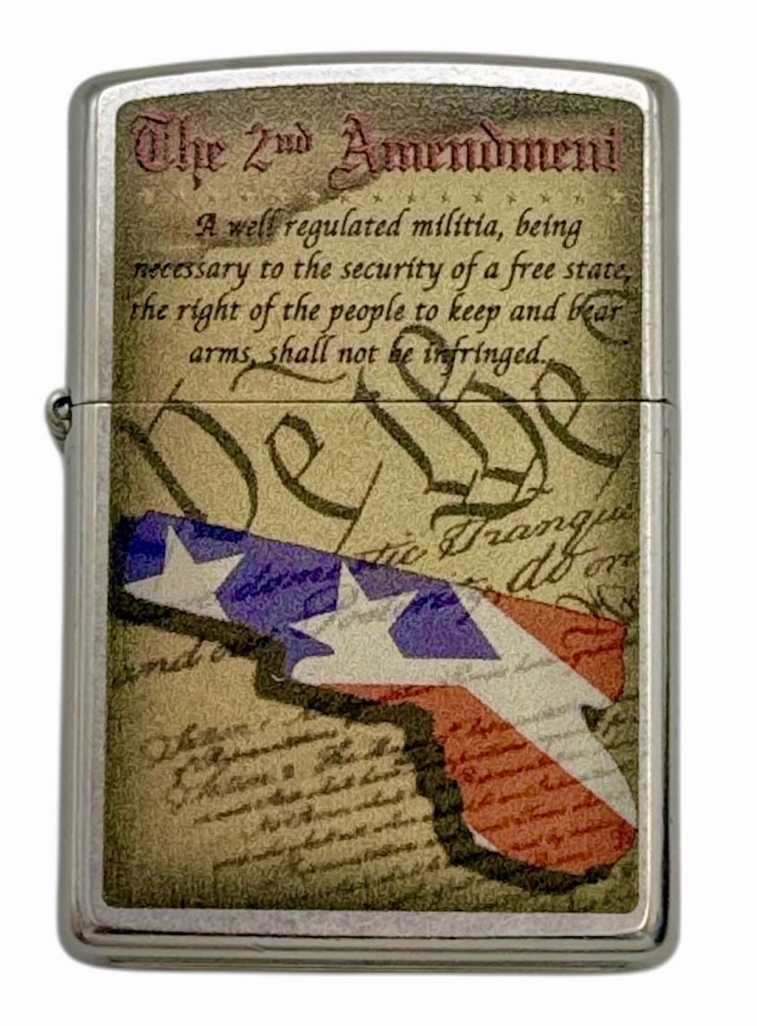 Custom Personalized Zippo Second Amendment, Skull and Guns, Brushed Chrome Classic Windproof lighters - Free Engraving (Satin)