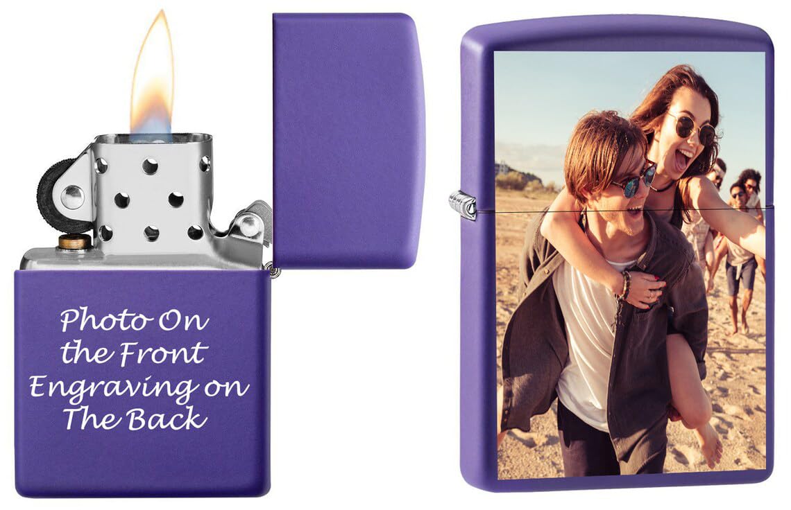 Custom Personalized Zippo Photo, Logo, Image and Engraving on The Back Windproof Lighter - Christmas, Halloween & Valentines Day Gift (Purple)