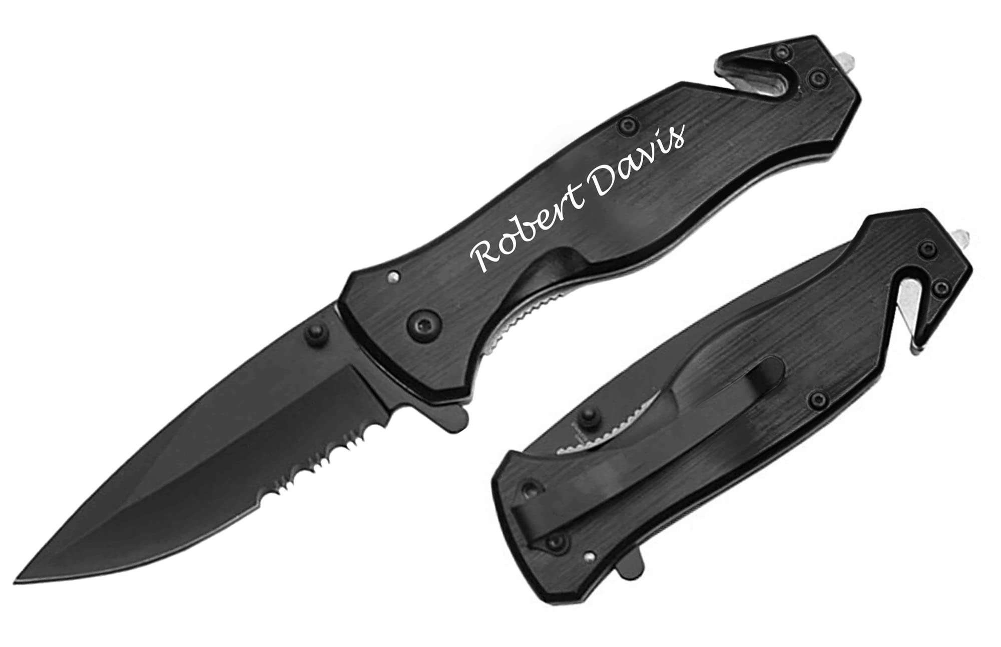 lue Steel Personalized Laser Engraved Pocket Knife, Fireproof Metal Emergency Escape Knife with Hard Alloy Head Window Breaker and Seat Belt Cutter (Black)