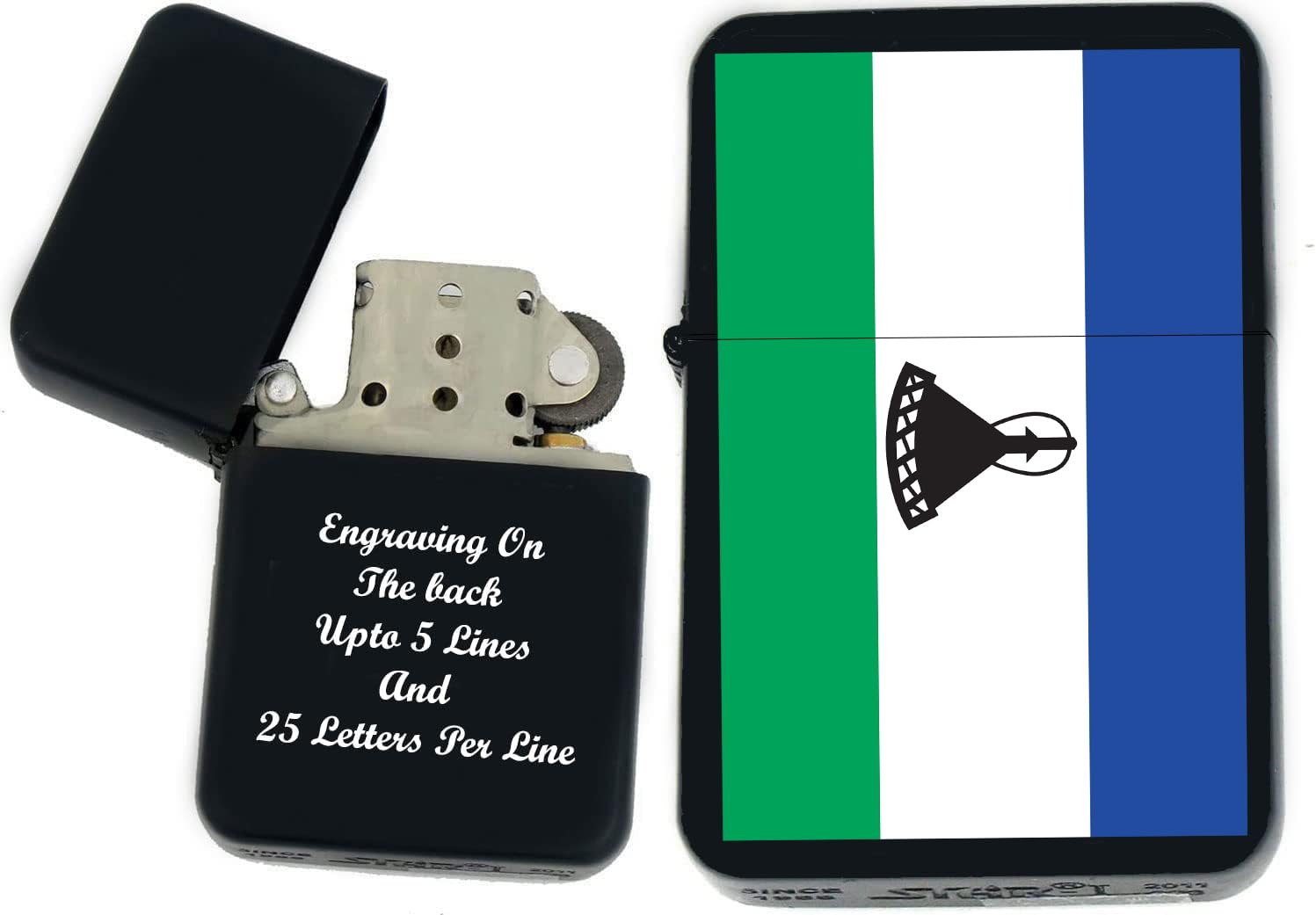 Flags of The World Nations UV Printed Windproof Oil Lighter - Personalized Custom Engraving on The Back K-P (Lesotho) - Christmas, Halloween & Valentines Day Gift
