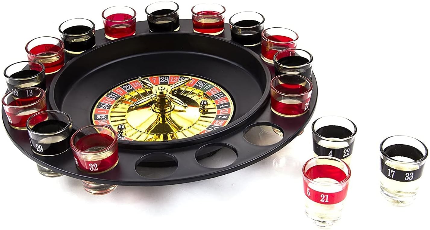Roulette Set Entertaining Party Drinking Game - Shot Glass Roulette - Drinking Game Set (2 Balls and 16 Glasses)