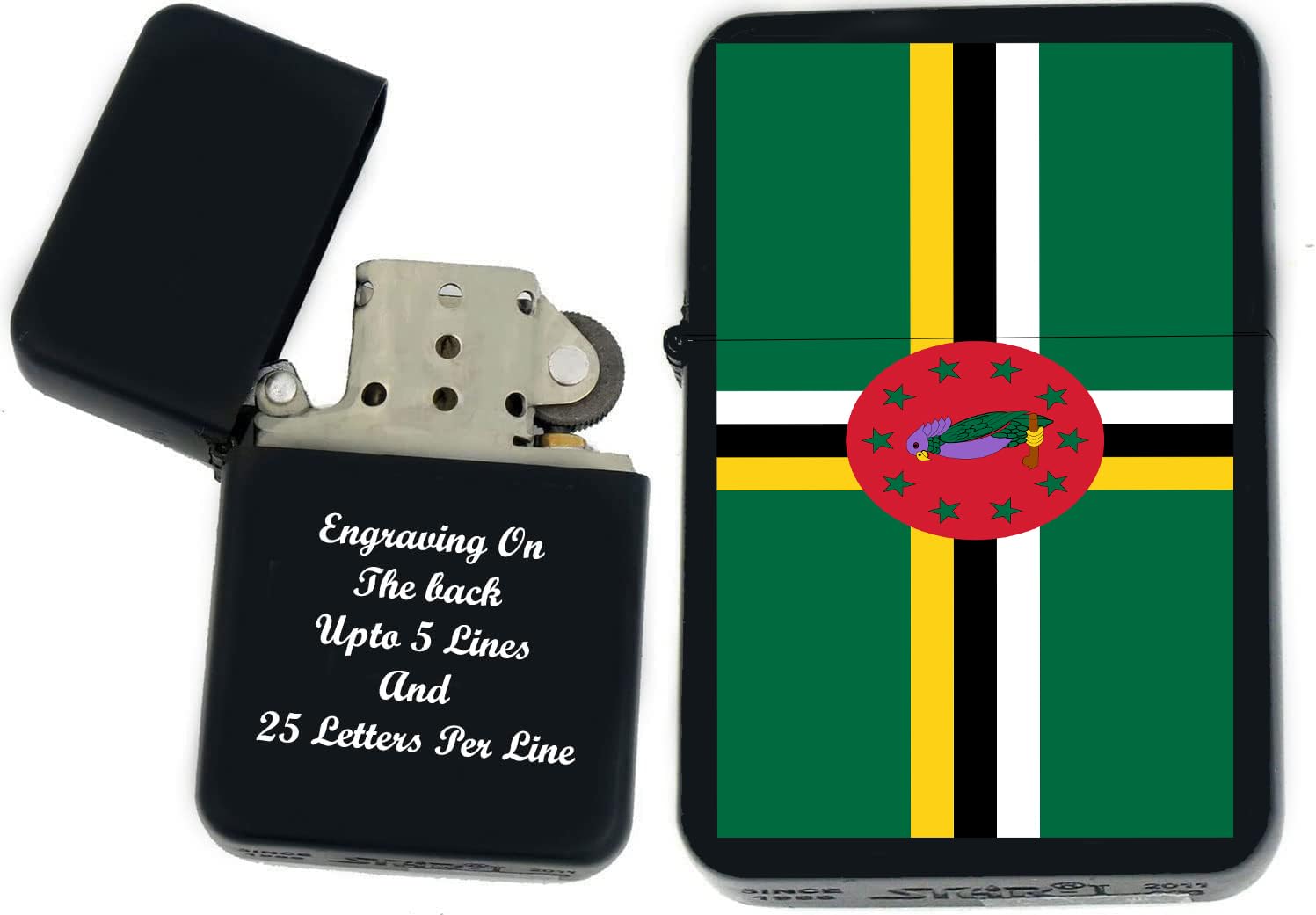 Flags of The World Nations UV Printed Windproof Oil Lighter - Personalized Custom Engraving on The Back C- (Dominica) - Christmas, Halloween & Valentines Day Gift