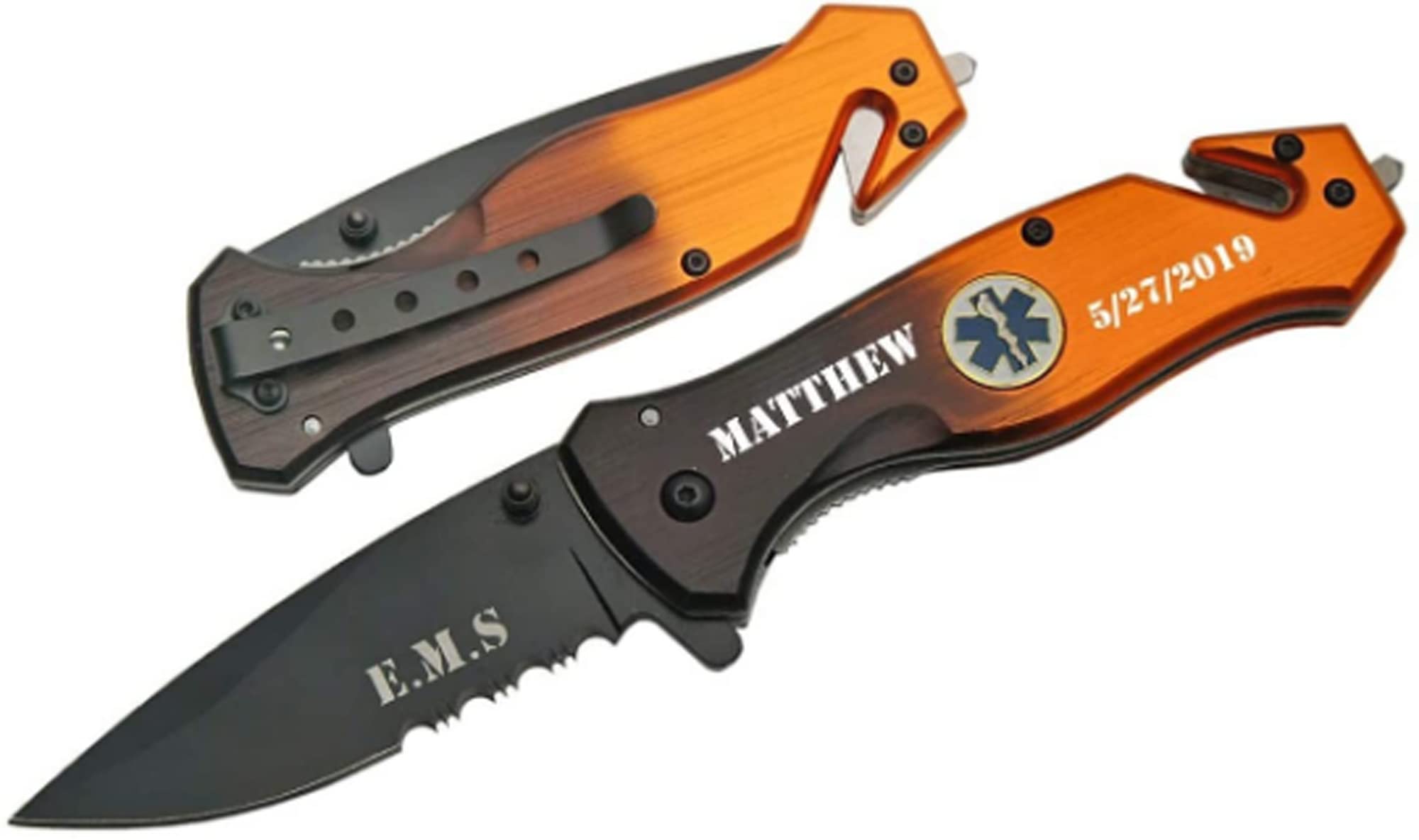 Blue Steel Customized Custom Text On Handle, High Carbon S.S. Knife with 3.25in Blade and SS Handle for Outdoor, Tactical, Color- 300202-EMS