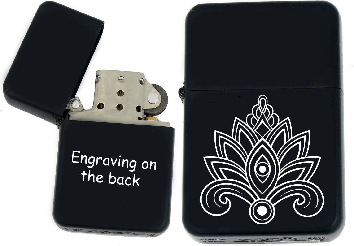 Personalized Windproof India Sign, Yoga Symbol, Lotus Flower, Hinduism, Religion Symbol, Mandala, Hamsa Hand, Omn, Black Matt Lighter - Laser Engraving (H-2)