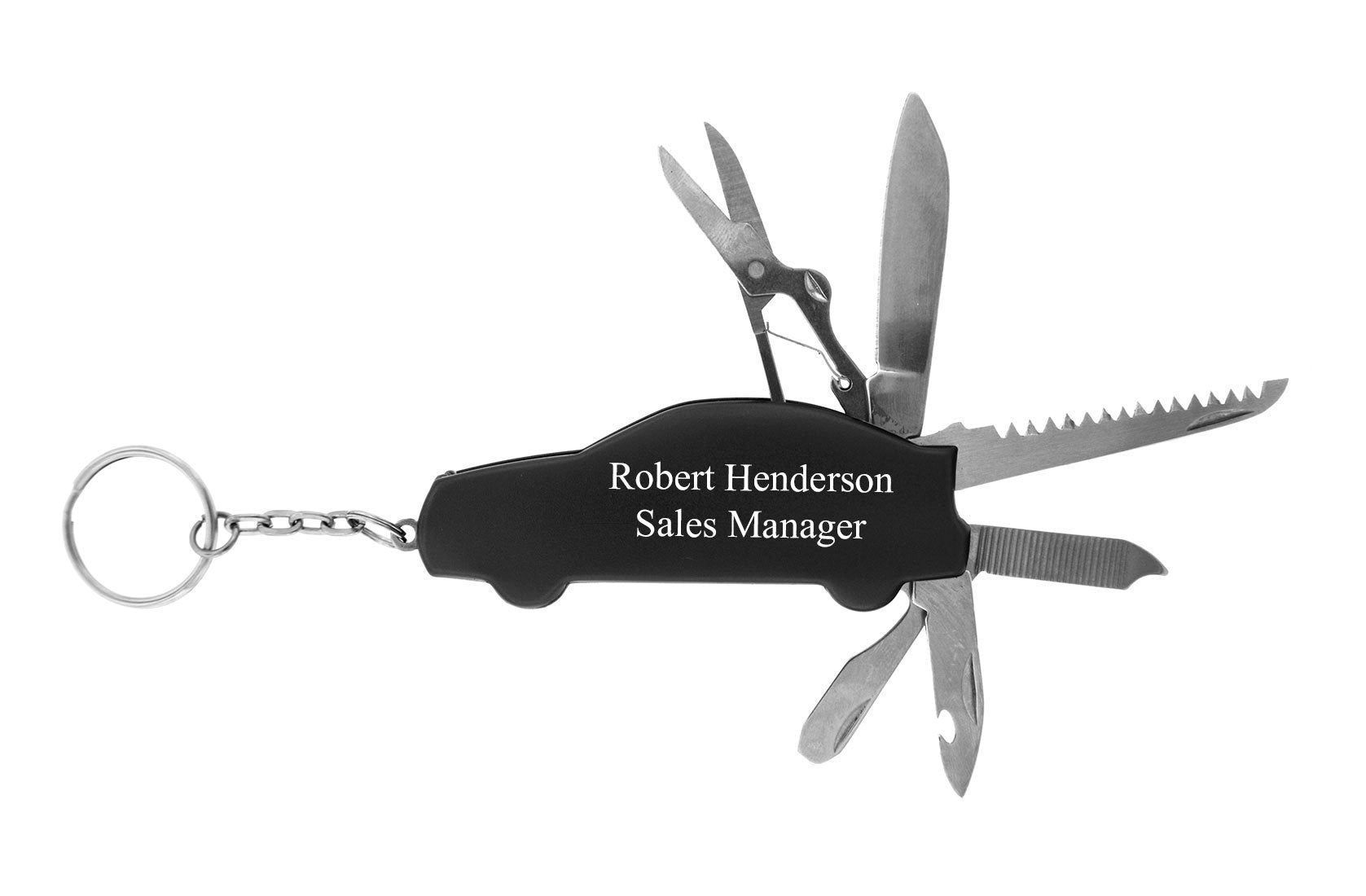 Personalized Car Shape Multi Tool Key Chain. Free Engraving. Black