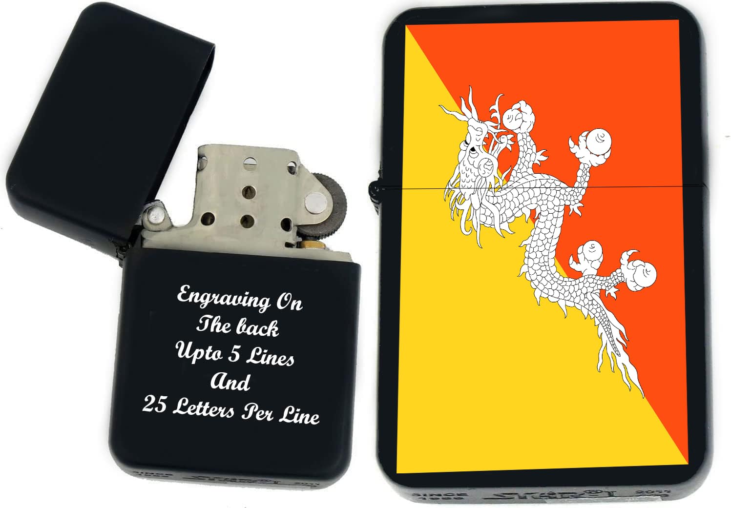 Flags of The World Nations UV Printed Windproof Oil Lighter - Personalized Custom Engraving on The Back A - C (Bhutan) - Christmas, Halloween & Valentines Day Gift
