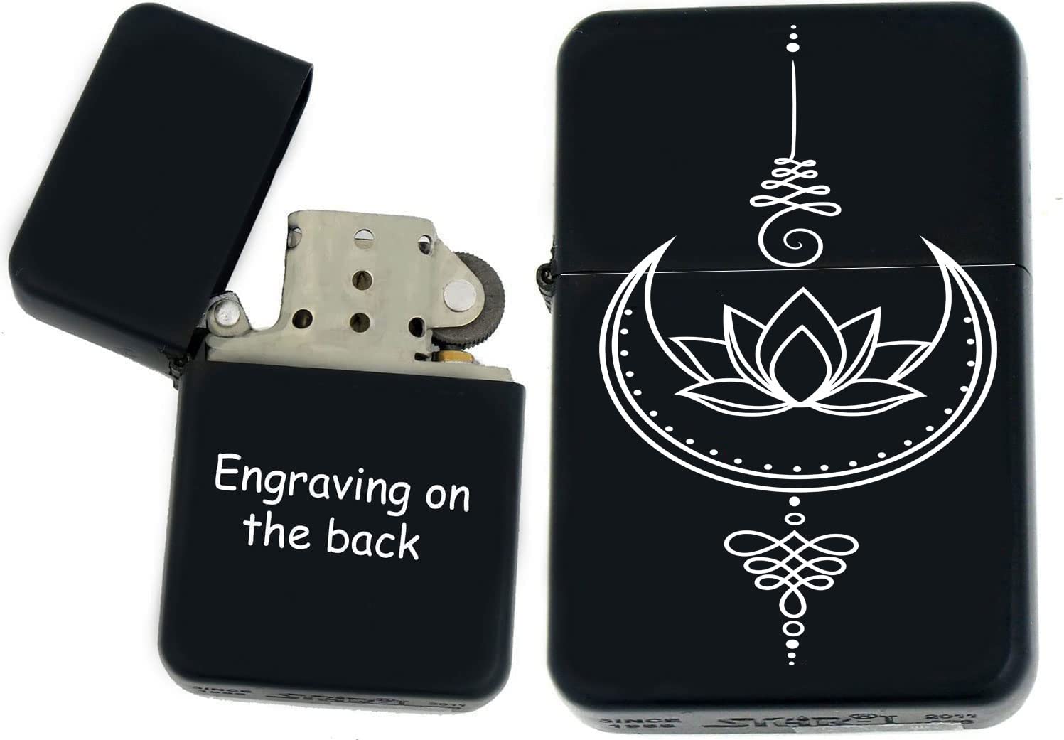 Personalized Windproof India Sign, Yoga Symbol, Lotus Flower, Hinduism, Religion Symbol, Mandala, Hamsa Hand, Omn, Black Matt Lighter - Laser Engraving (H-10)