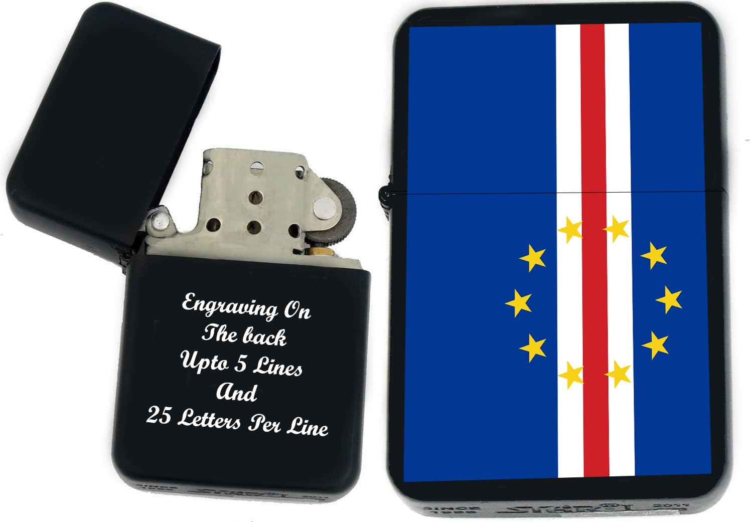 Flags of The World Nations UV Printed Windproof Oil Lighter - Personalized Custom Engraving on The Back A - C (Cabo-Verde) - Christmas, Halloween & Valentines Day Gift