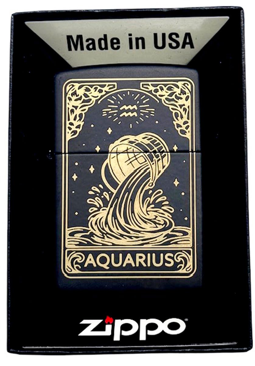 Zippo Lighter - Personalized Custom Message Engraved on Backside Fireworks and Flag Gold (Aquarius)