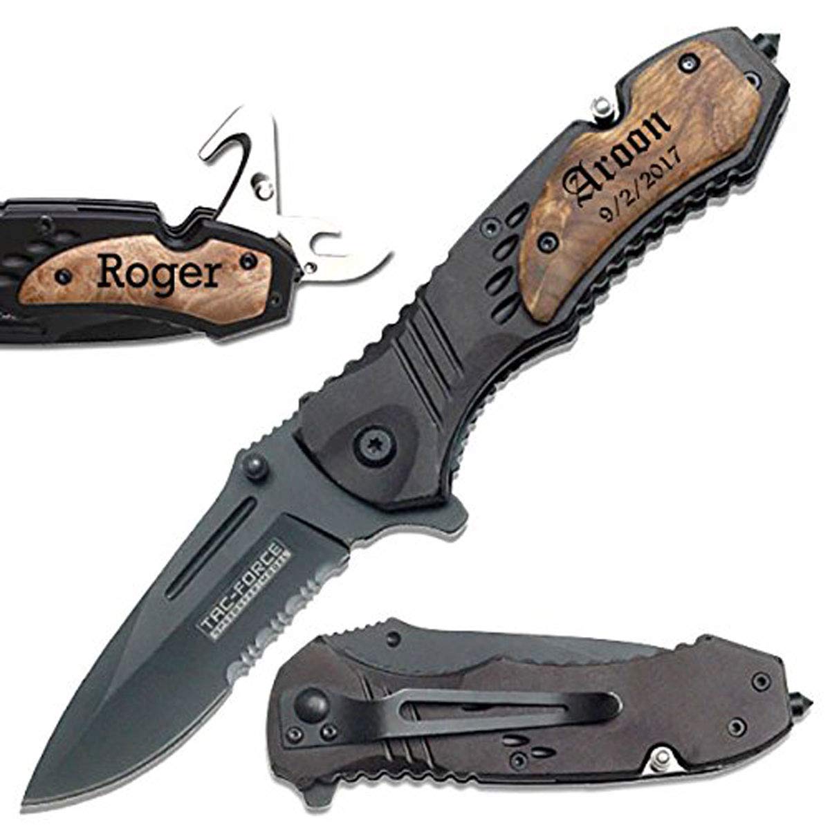 Gifts Infinity Engraved Titanium Coated Liner Lock, Black Aluminum Handle with Burl Wood Overlay, Flip Out Can Opener, Rope Cutter, Glass Punch and Pocket Clip.