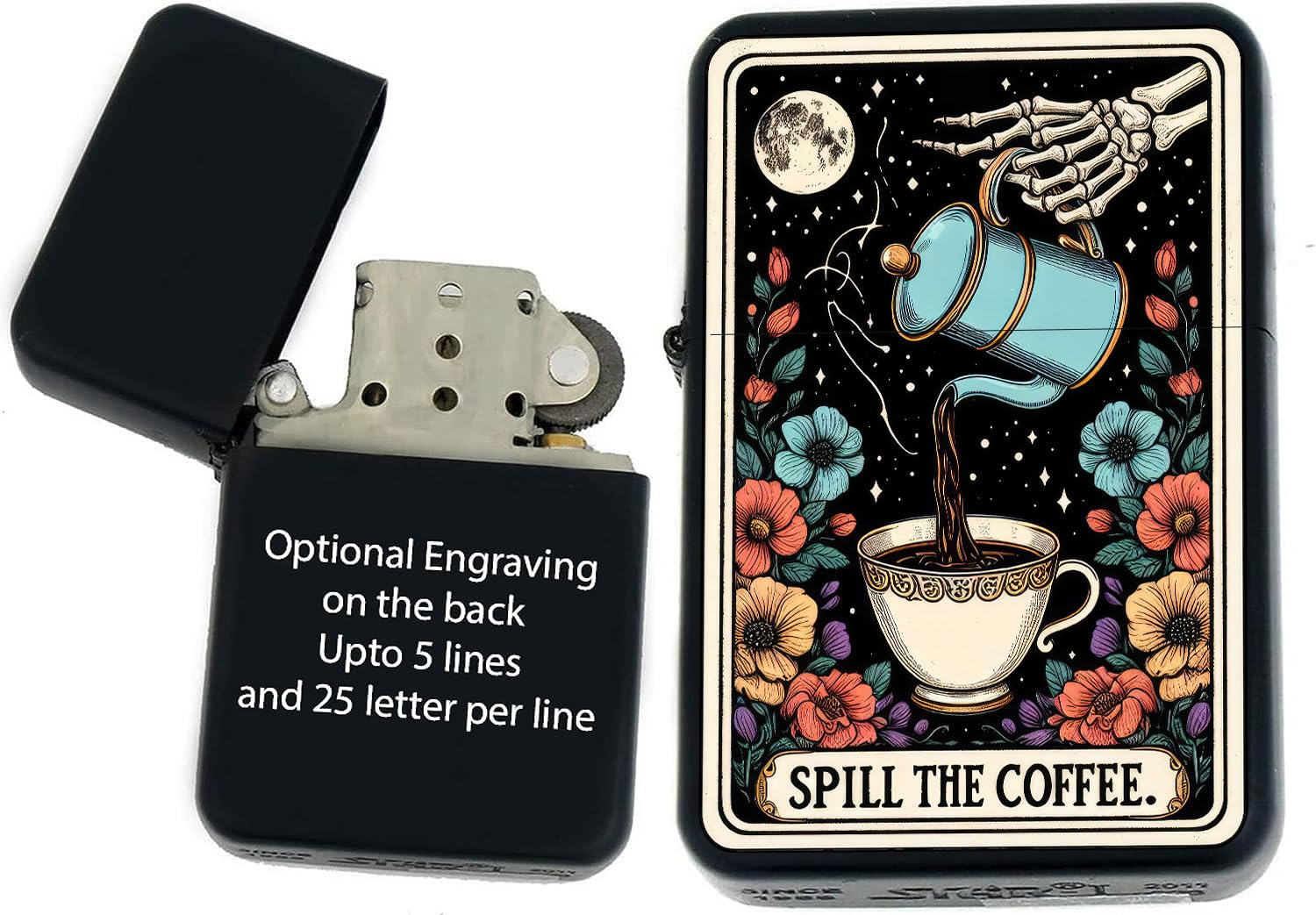 Tarot Card Funny Skull Tarot Cards Unique Collectible Black Windproof Oil Lighters! - Christmas, Halloween & Valentines Day Gift (Spill The Coffee)