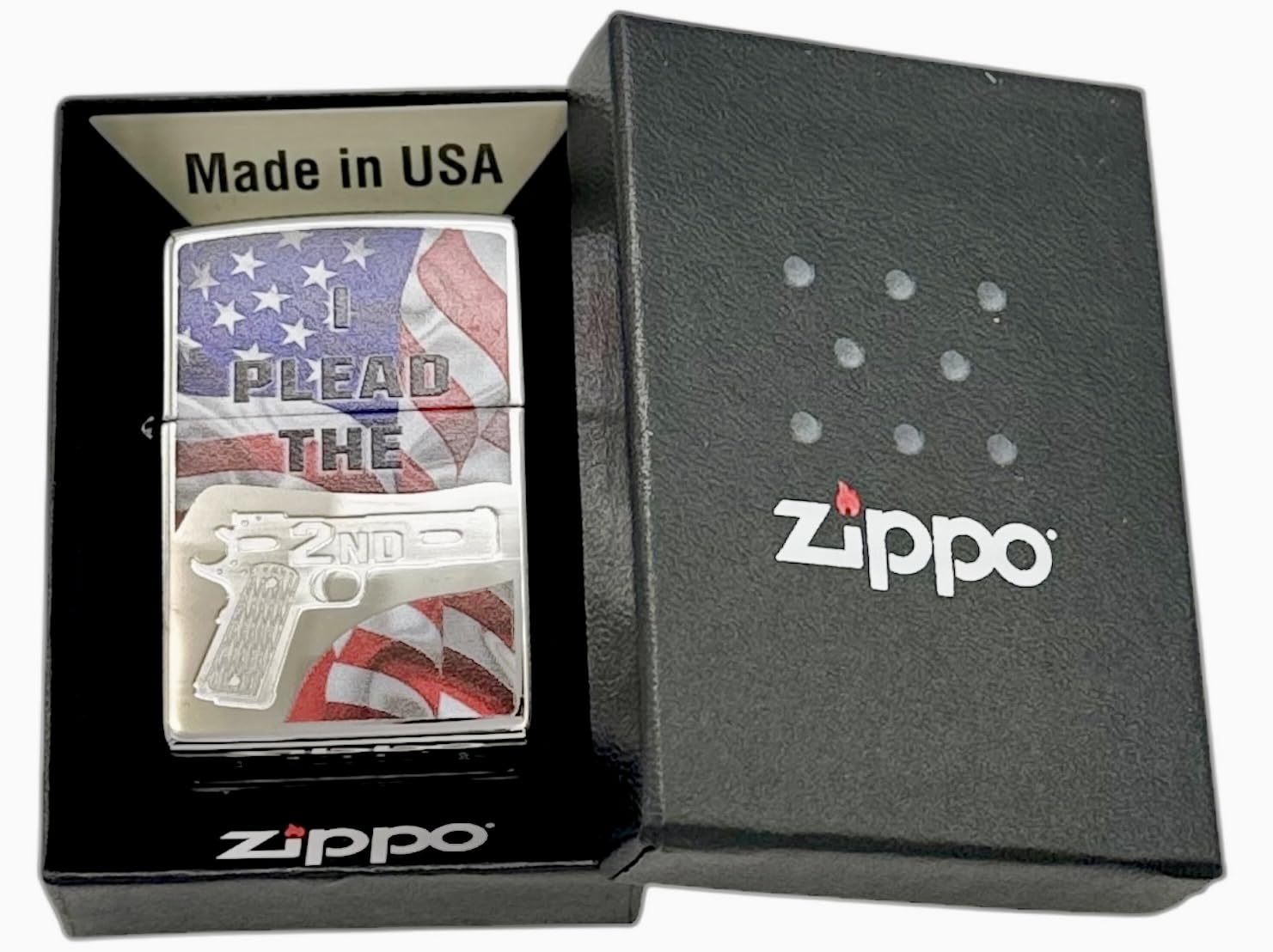 Custom Personalized Zippo Second Amendment, Skull and Guns, Brushed Chrome Classic Windproof lighters - Free Engraving (HP Chrome)