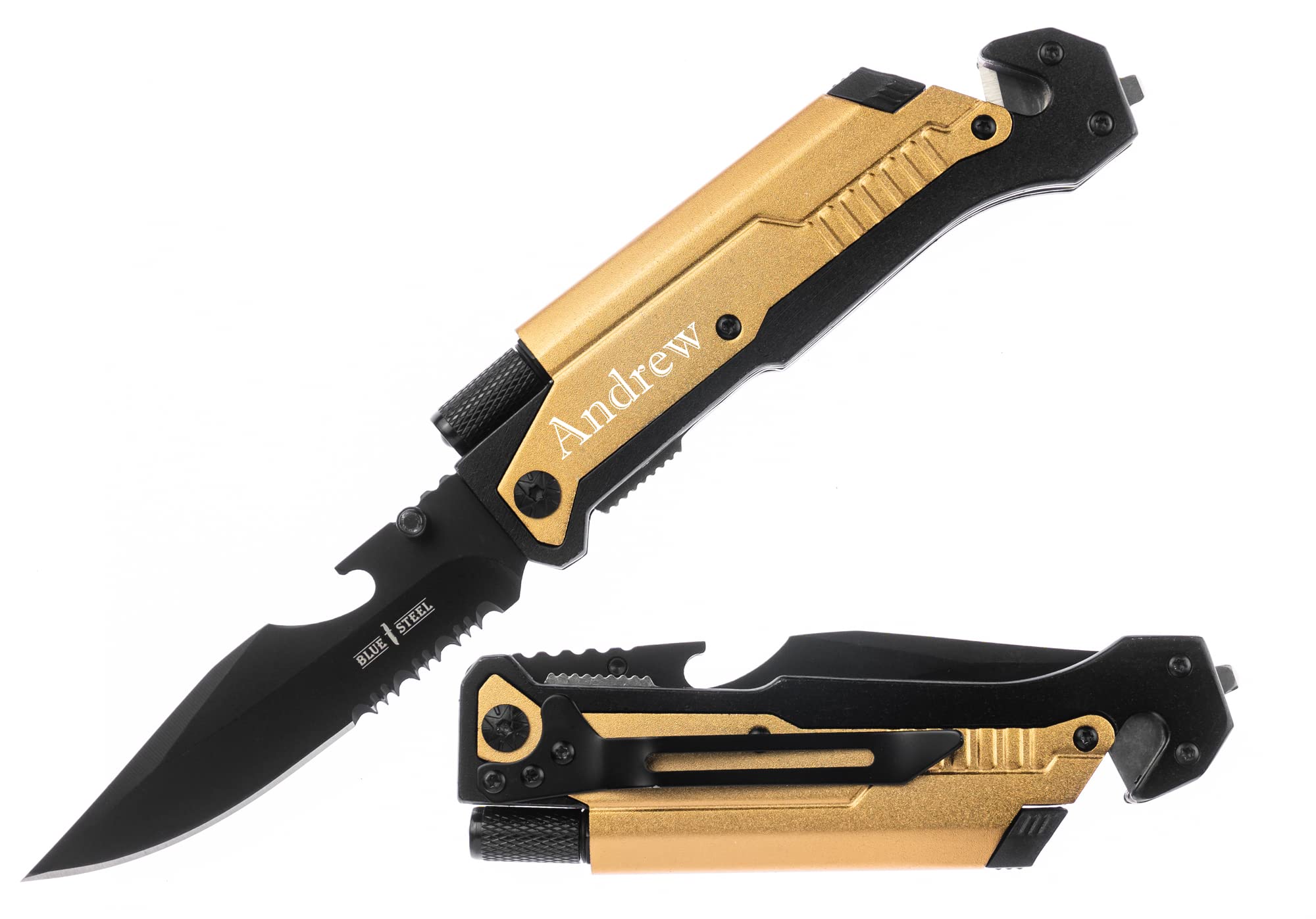 Gifts Infinity® Personalized Engraved Tactical Knives 6-in-1 Survival Pocket Knife with Magnesium Fire Starter, LED Flashlight Bottle Opener Seat Belt Cutter (Gold)