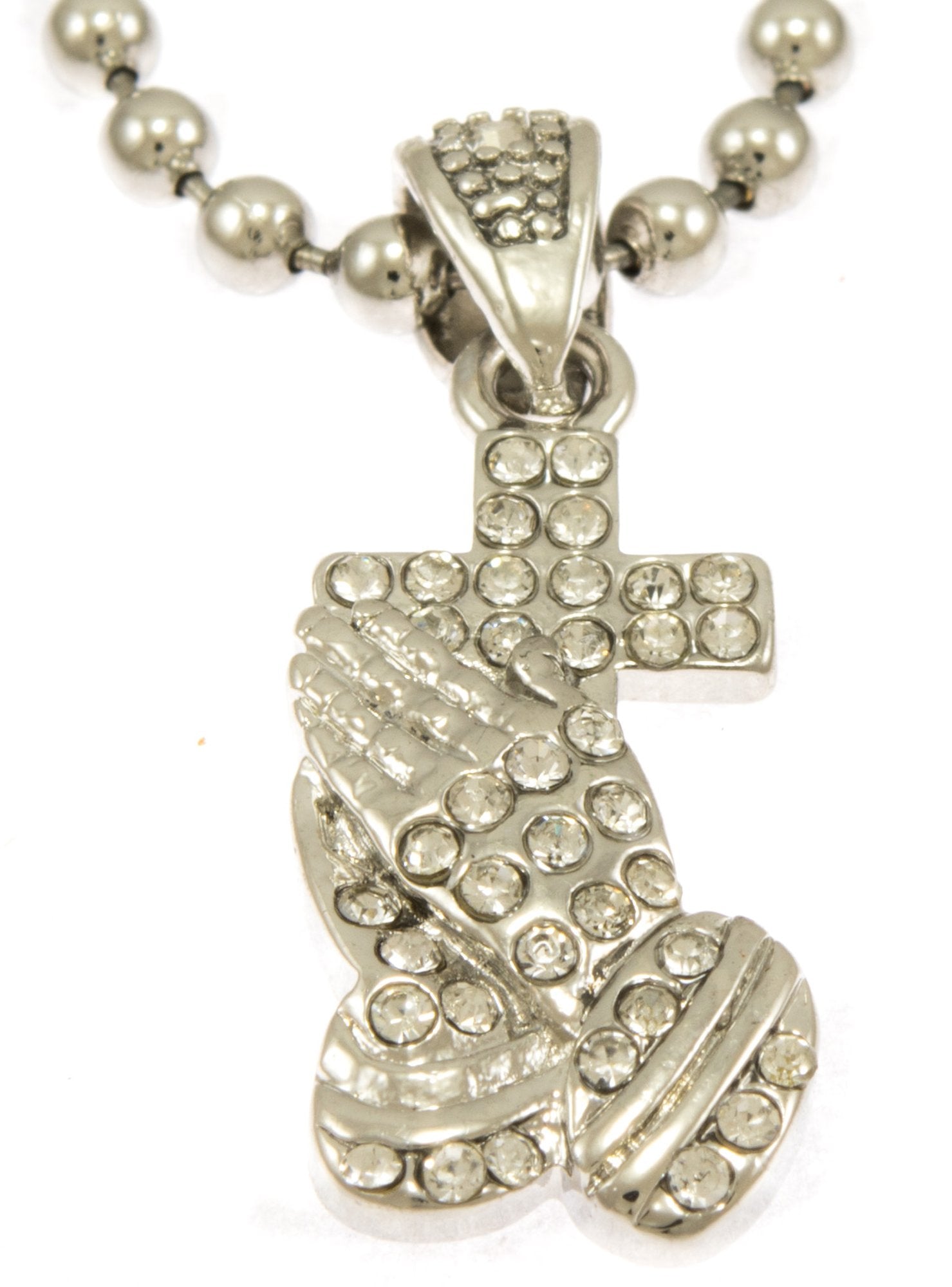 Hot New Silver Tone Praying Hands with Cross Pendant Mini Pave Cz Stones Necklace Free 30" Ball Chain