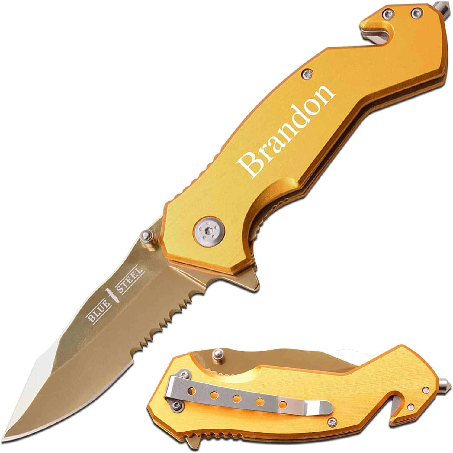 Blue Steel Personalized Laser Engraved Pocket Knife, Rescue Pocket Knife with 3.25-Inch Stainless Steel Blade, SpeedSafe Opening, Glass Breaker Tip, Belt Cutter, and Pocketclip, Color - Black (Gold)