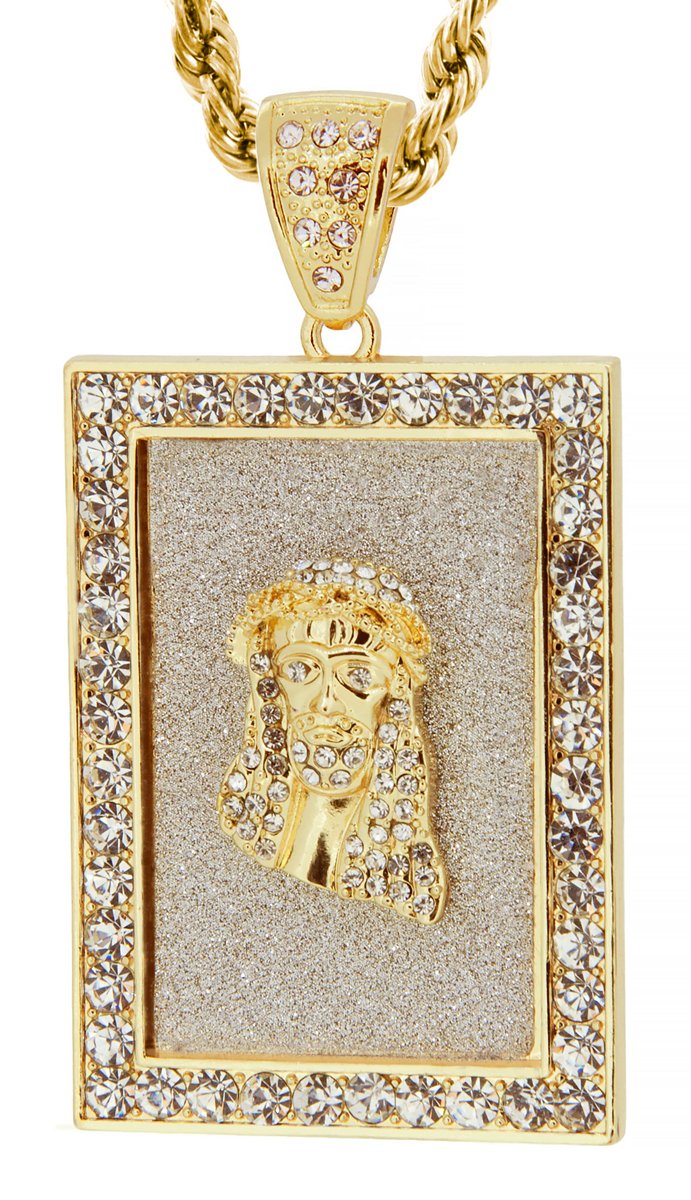 GIFTS INFINITY Gold Tone Rectrangle Jesus Face Pave Pendant with Free 30" Rope Chain