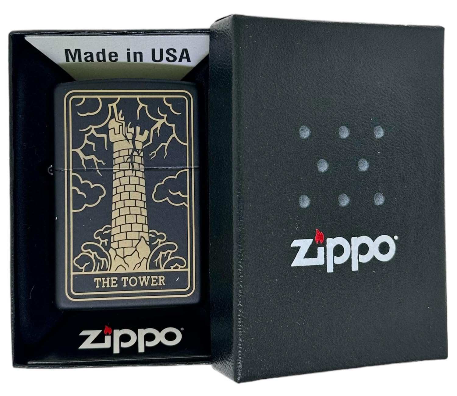 23 Custom Tarot Card - Major Arcana Card Laser Engraved Zippo Black Matt Windproof Lighter (The Tower)