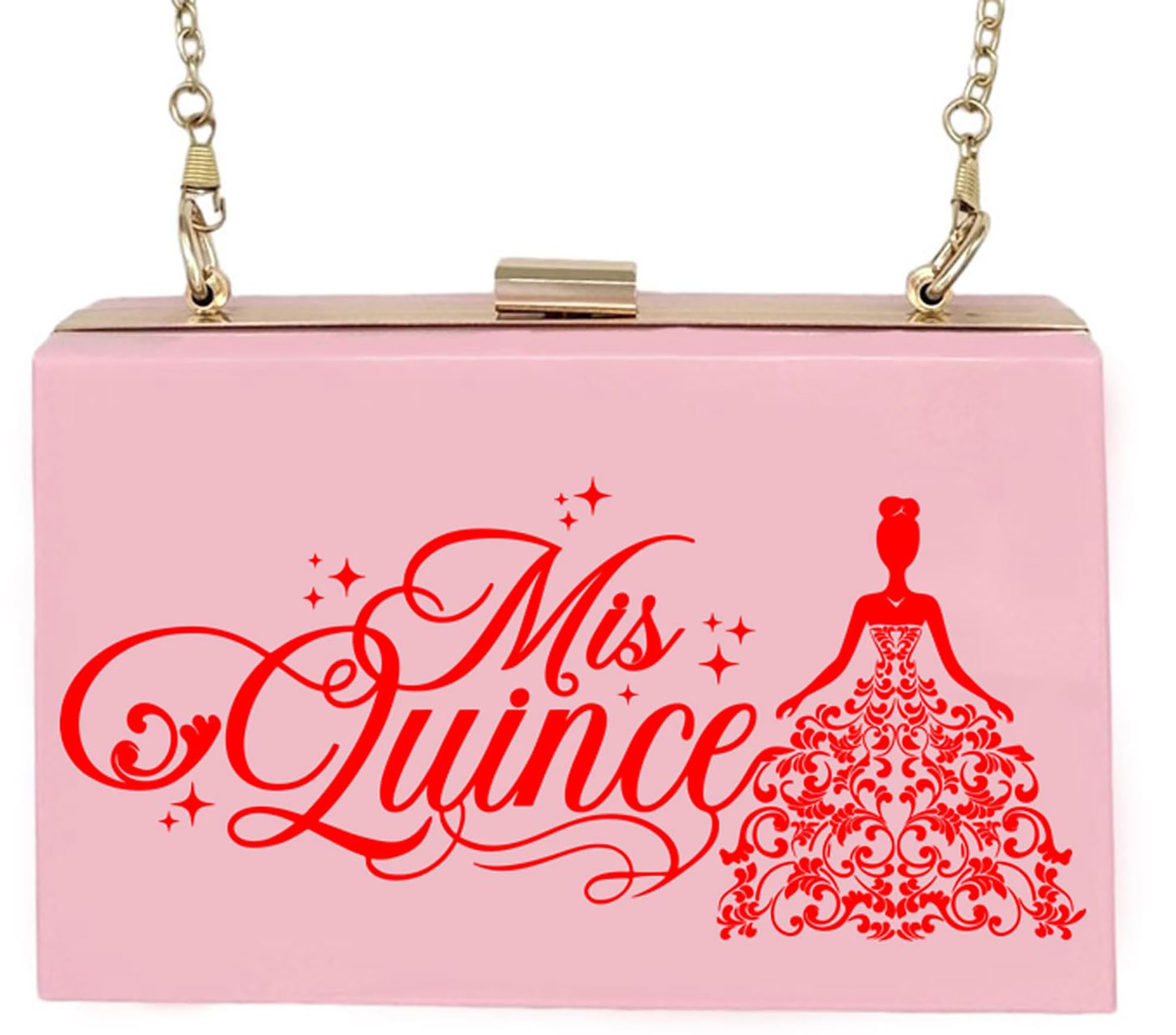 GIFTS INFINITY Mis Quince Años Quinceanera Purse for Women Acrylic Clutch Bag Shoulder Handbag with Removable Chain (Pink/Red)