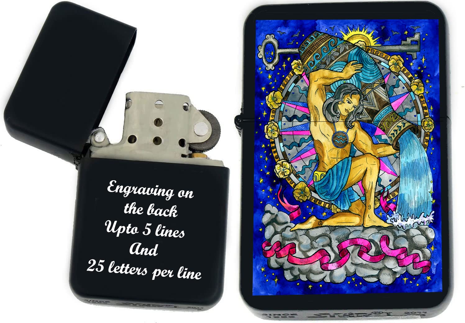 Zodiac Signs, Astrology Icons, Horoscope Symbols Collection s Infinity Black Matt Windproof Lighters! (Aquarius) - Christmas, Halloween & Valentines Day Gift