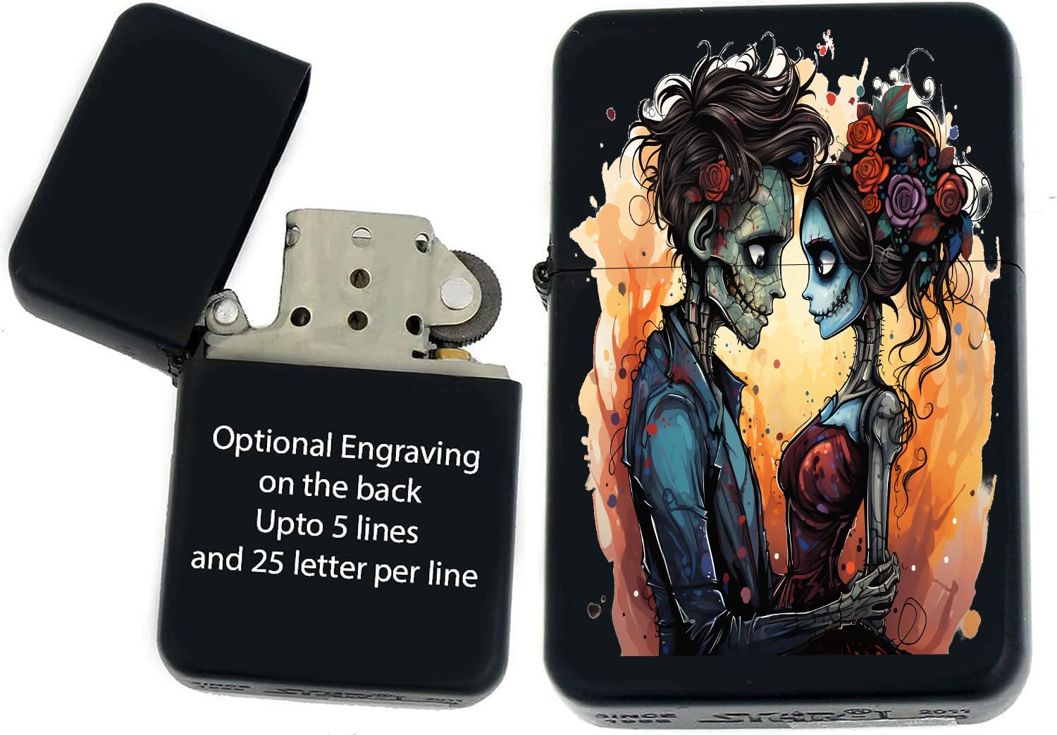 Zombie Love UV Printed Windproof Oil Lighter - Personalized Custom Internal Engraving Love for Ever After Dead (ZL-40) - Christmas, Halloween & Valentines Day Gift