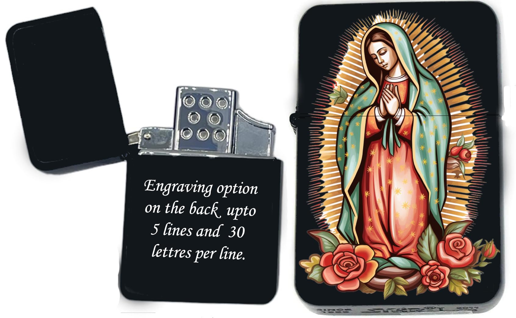 Our Lady of Guadalupe & Nuestra Señora de Guadalupe UV Printed Windproof Oil Lighter - Personalized Custom Engraving on The Back (GI-4) - Christmas, Halloween & Valentines Day Gift
