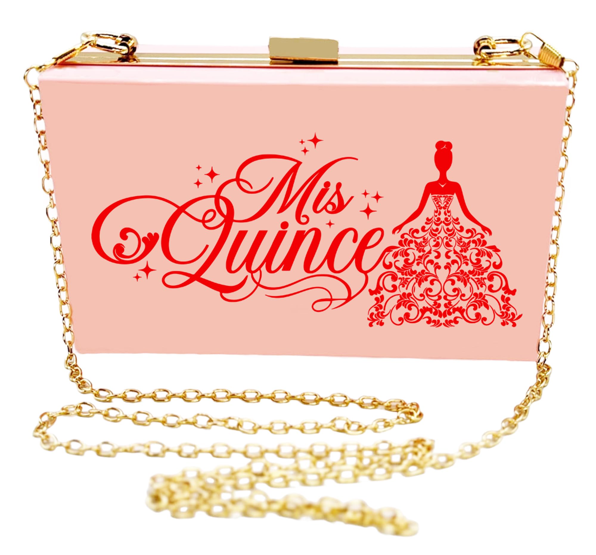 GIFTS INFINITY Mis Quince Años Quinceanera Purse for Women Acrylic Clutch Bag Shoulder Handbag with Removable Chain (Pink/Red)